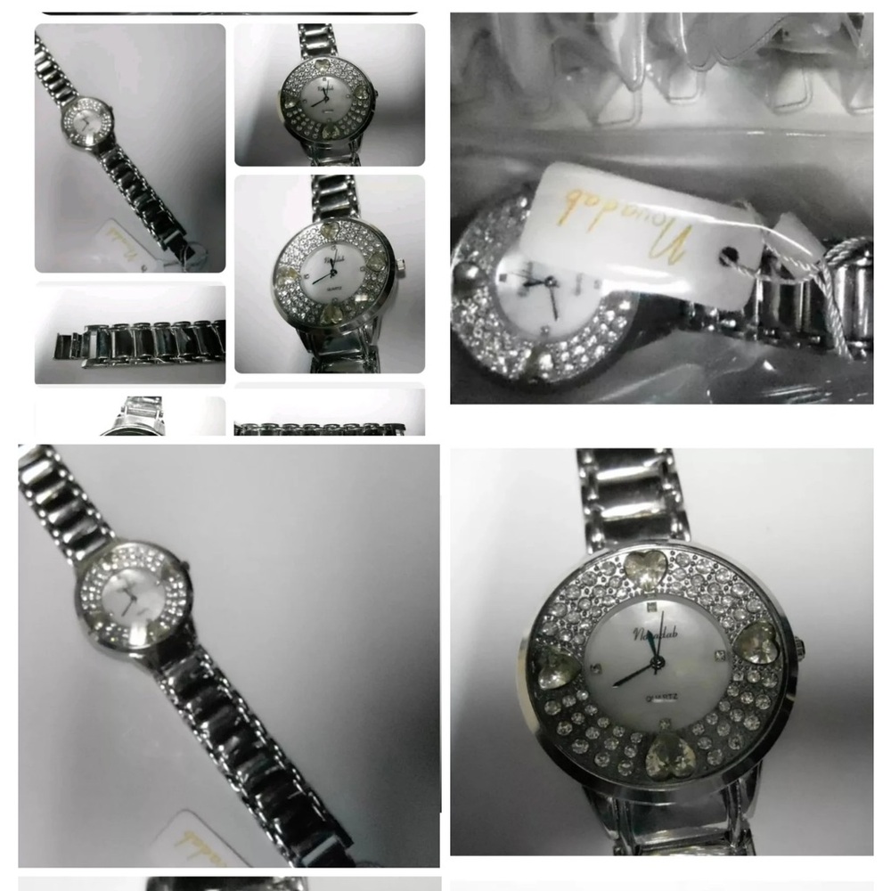 NEW NOVADAB SILVERTONE METAL STAP QUARTZ  CRYSTAL HEARTS STAINLESS STEEL WATCH